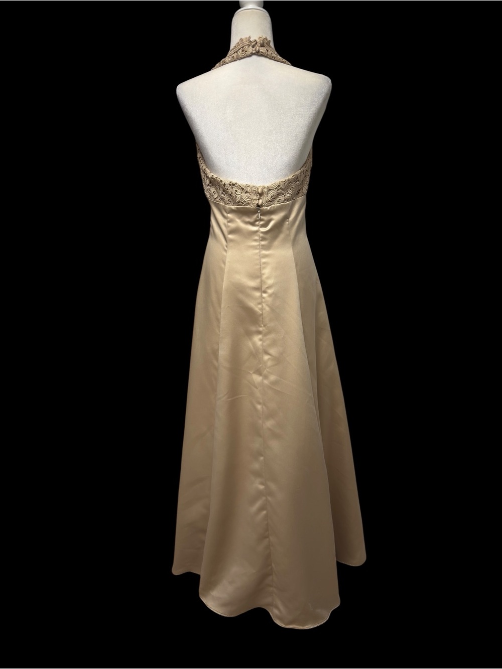 Vintage Jessica McClintock Champagne Satin Halter Lace Maxi A-Line Dress Size 10 - Picture 2 of 5